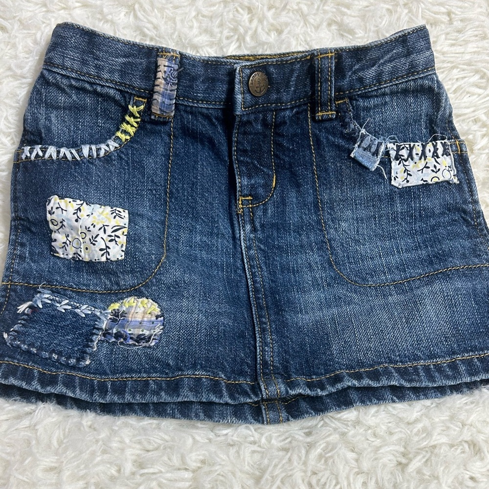 Lands' End Kids Girls Denim Skirt with Floral Patch Accents - Blue